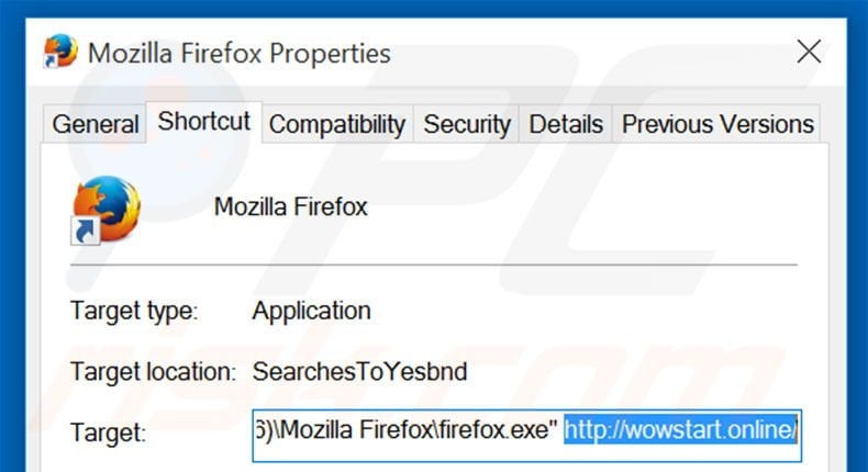 Removing wowstart.online from Mozilla Firefox shortcut target step 2