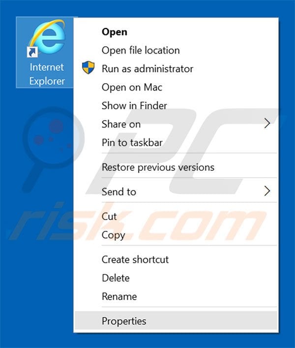 Removing wowstart.online from Internet Explorer shortcut target step 1
