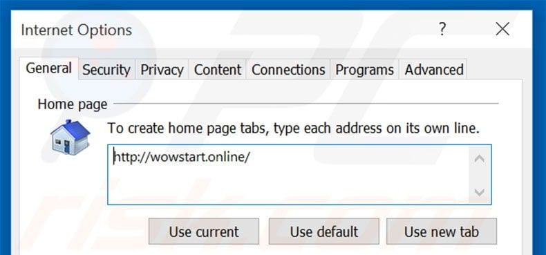 Removing wowstart.online from Internet Explorer homepage