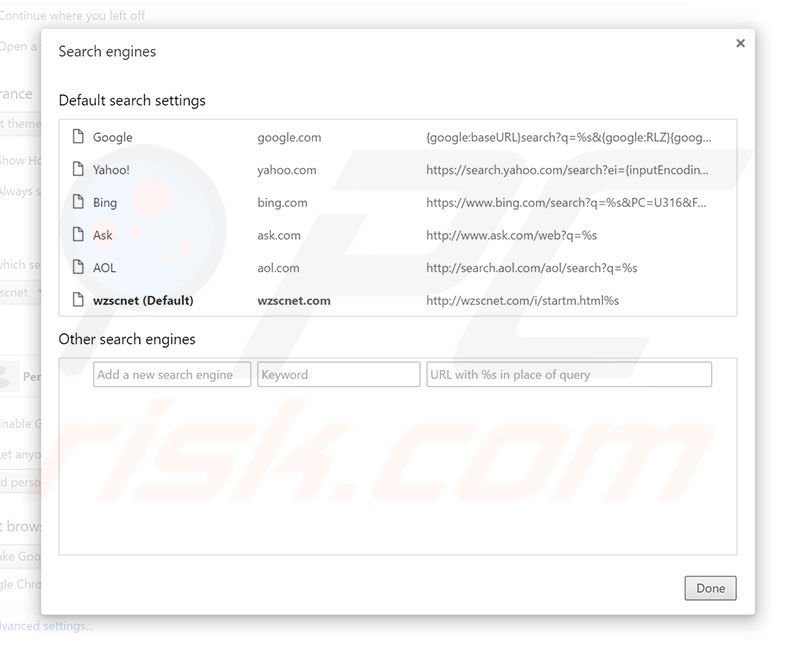 Removing wzscnet.com from Google Chrome default search engine