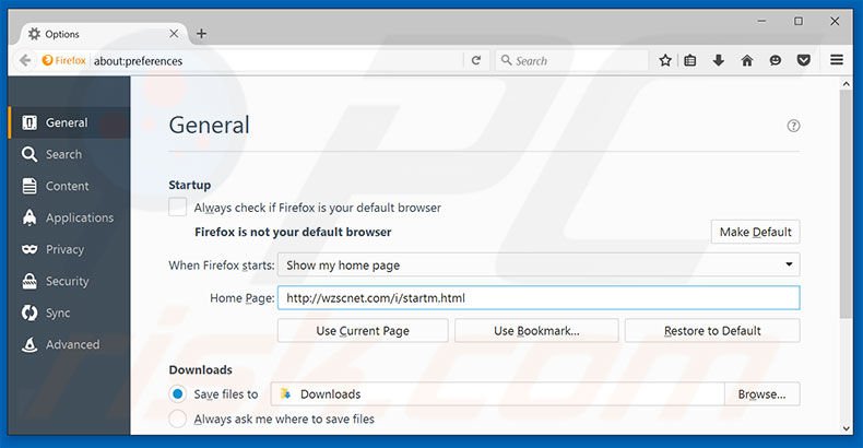 Removing wzscnet.com from Mozilla Firefox homepage