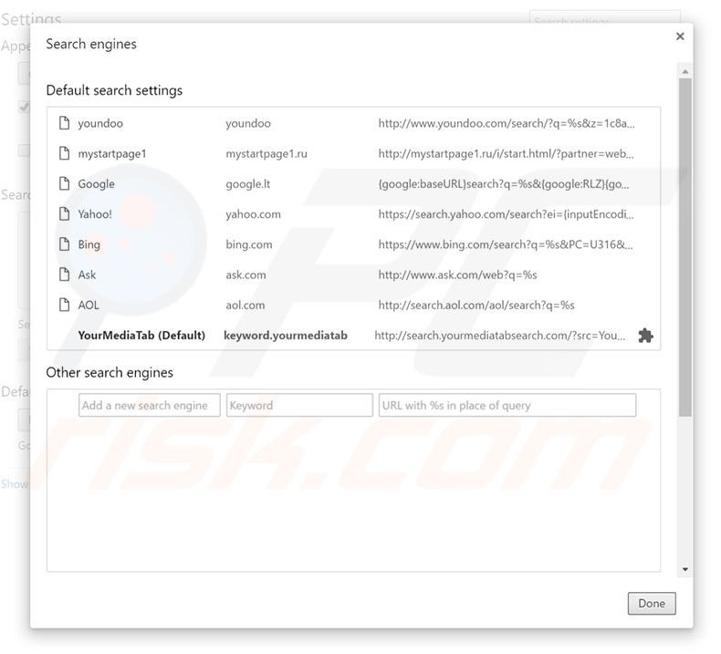 Removing search.yourmediatabsearch.com from Google Chrome default search engine