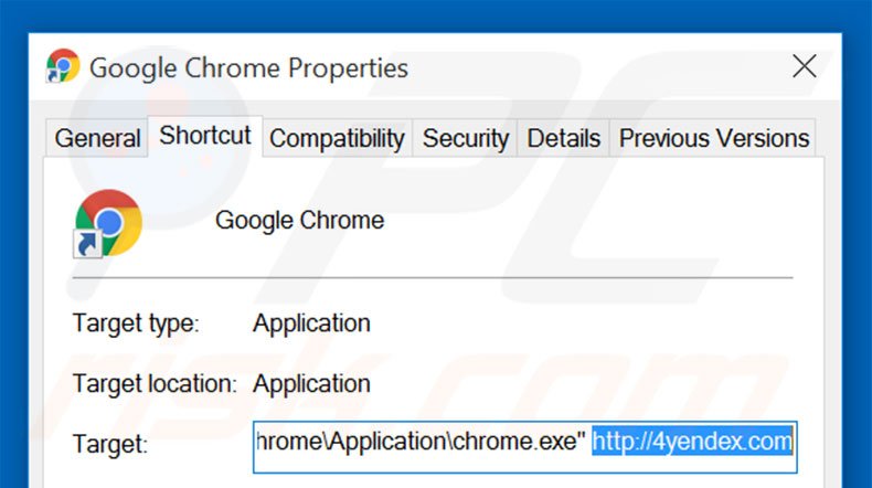 Removing 4yendex.com from Google Chrome shortcut target step 2