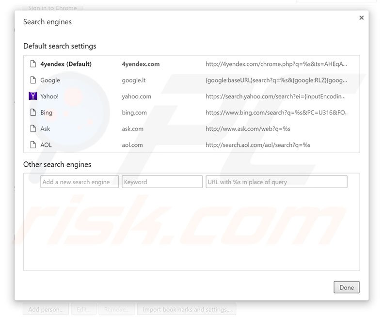 Removing 4yendex.com from Google Chrome default search engine