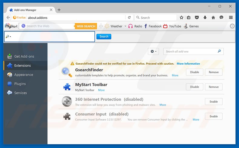 Removing 4yendex.com related Mozilla Firefox extensions