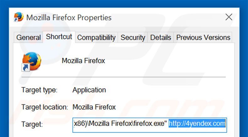 Removing 4yendex.com from Mozilla Firefox shortcut target step 2