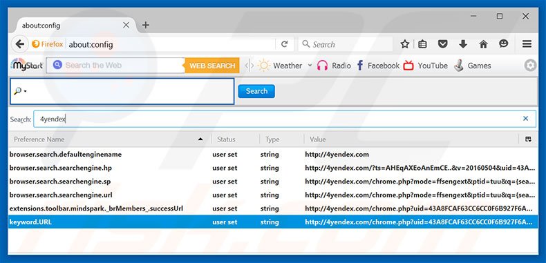 Removing 4yendex.com from Mozilla Firefox default search engine