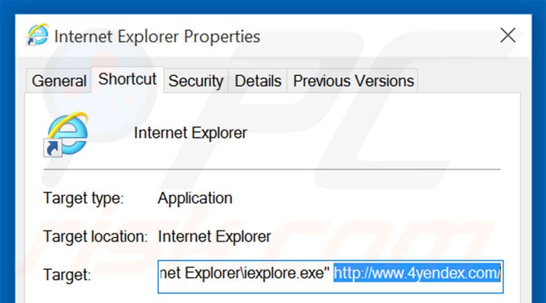 Removing 4yendex.com from Internet Explorer shortcut target step 2