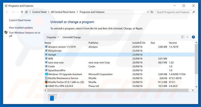 Aerojet adware uninstall via Control Panel