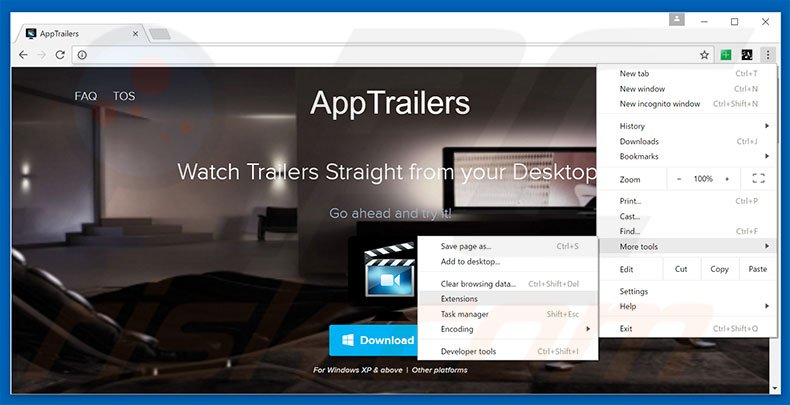 Removing AppTrailers  ads from Google Chrome step 1