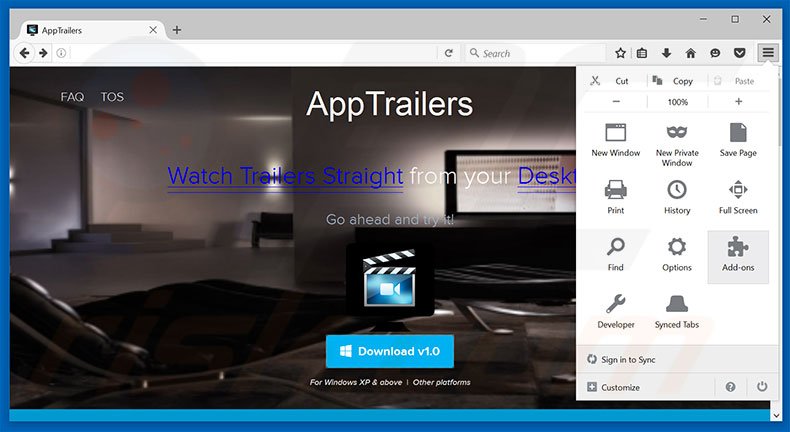 Removing AppTrailers ads from Mozilla Firefox step 1