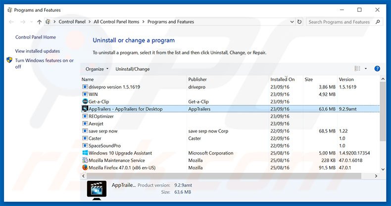 AppTrailers adware uninstall via Control Panel