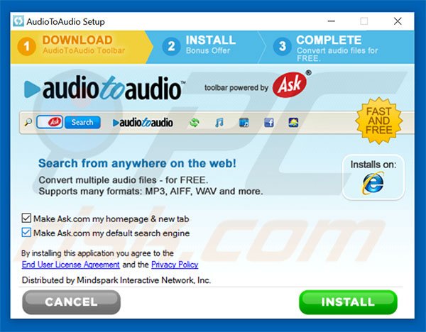 Official AudioToAudio browser hijacker installation setup