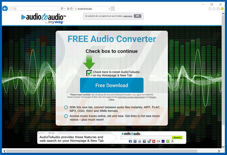Website used to promote AudioToAudio browser hijacker