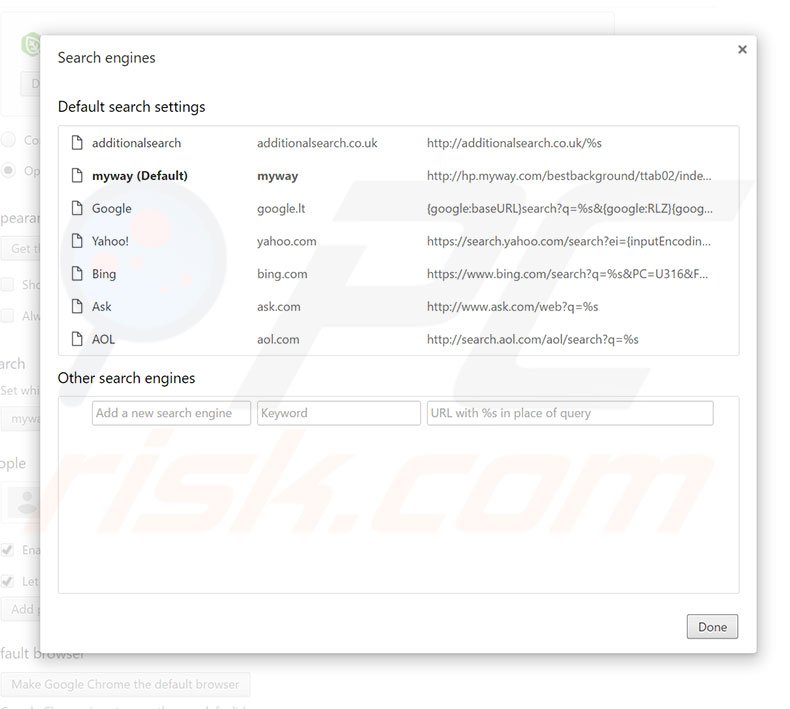 Removing hp.myway.com from Google Chrome default search engine