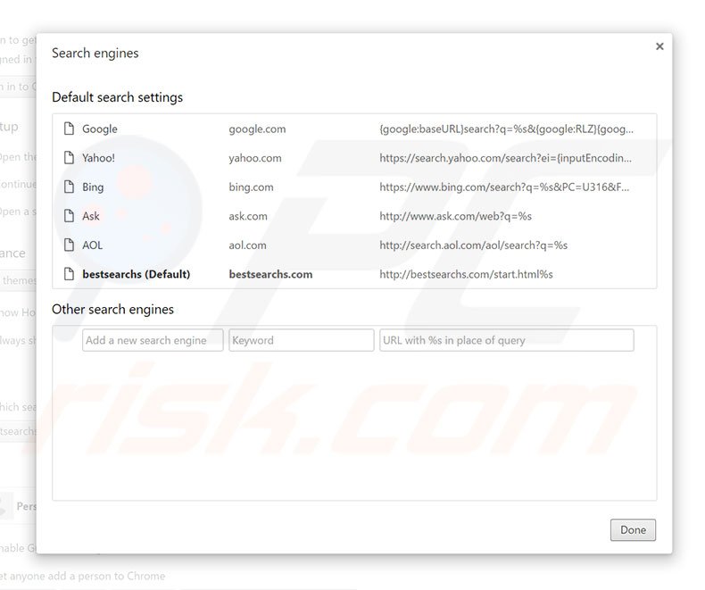Removing bestsearchs.com from Google Chrome default search engine
