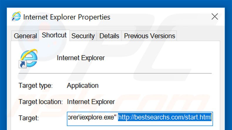 Removing bestsearchs.com from Internet Explorer shortcut target step 2
