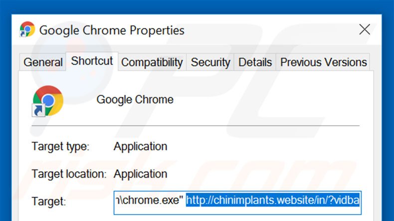 Removing chinimplants.website from Google Chrome shortcut target step 2