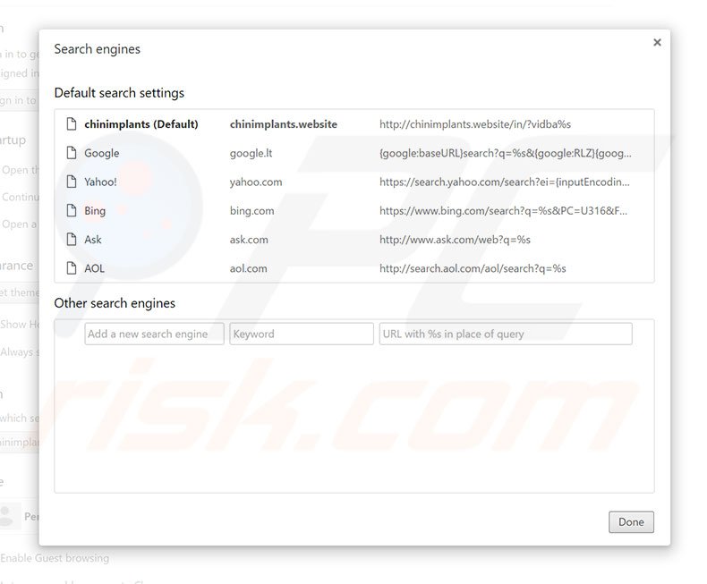 Removing chinimplants.website from Google Chrome default search engine