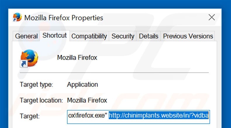 Removing chinimplants.website from Mozilla Firefox shortcut target step 2