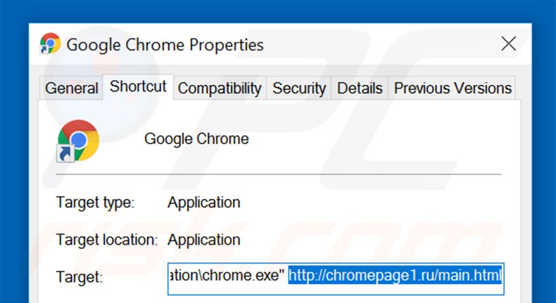 Removing chromepage1.ru from Google Chrome shortcut target step 2