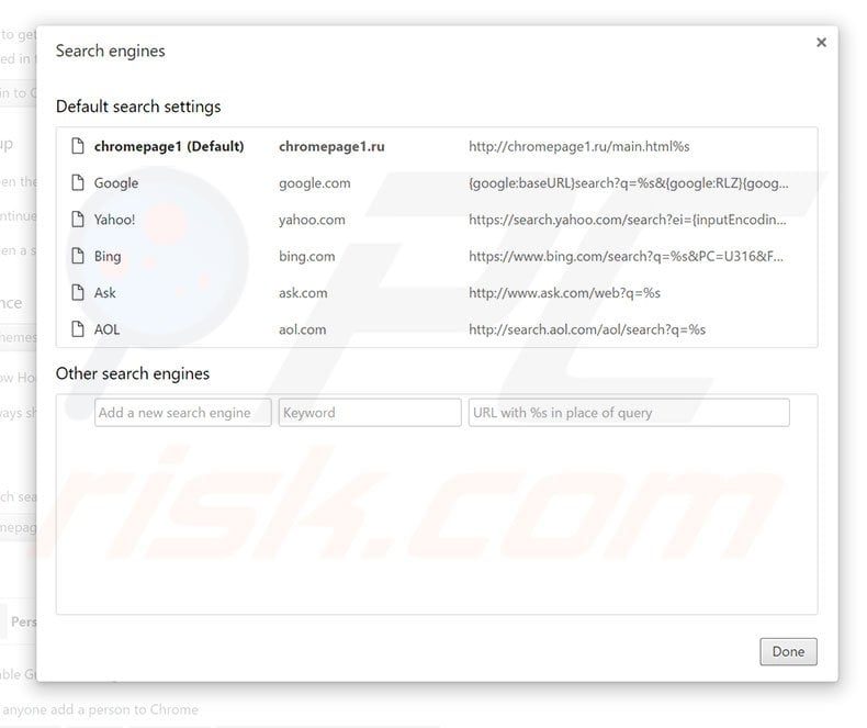 Removing chromepage1.ru from Google Chrome default search engine