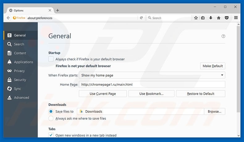 Removing chromepage1.ru from Mozilla Firefox homepage