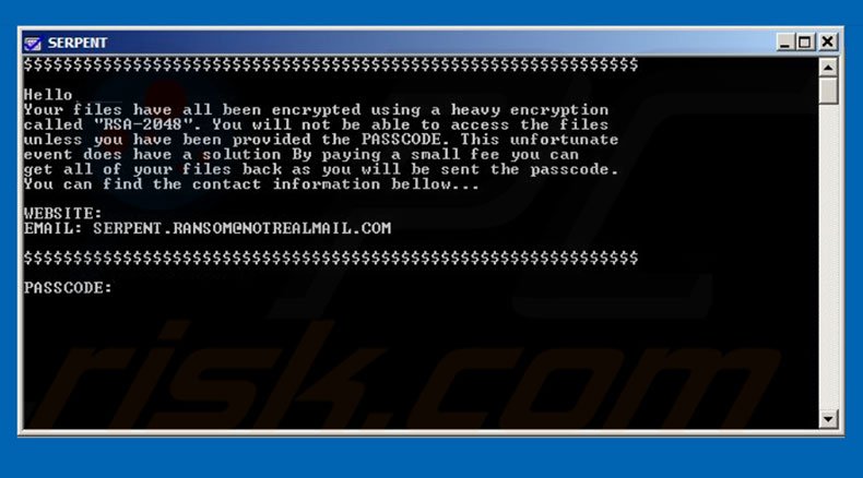 Command Prompt ransomware SERPENT variant ransom-demanding message