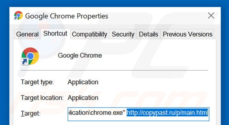 Removing copypast.ru from Google Chrome shortcut target step 2