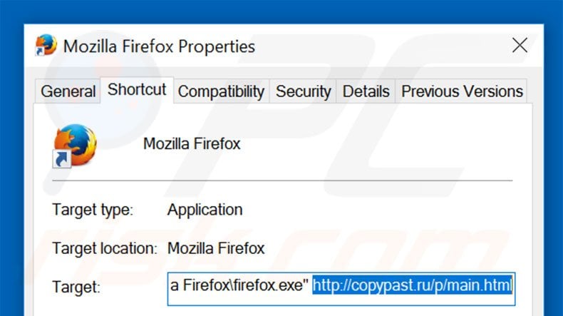 Removing copypast.ru from Mozilla Firefox shortcut target step 2
