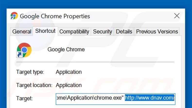 Removing dnav.com from Google Chrome shortcut target step 2