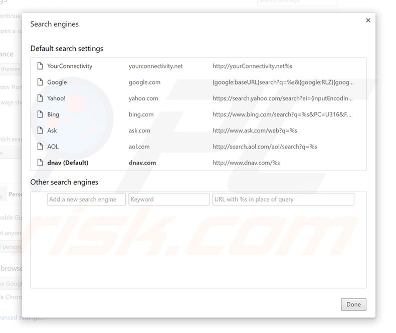 Removing dnav.com from Google Chrome default search engine