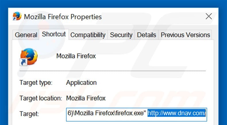 Removing dnav.com from Mozilla Firefox shortcut target step 2