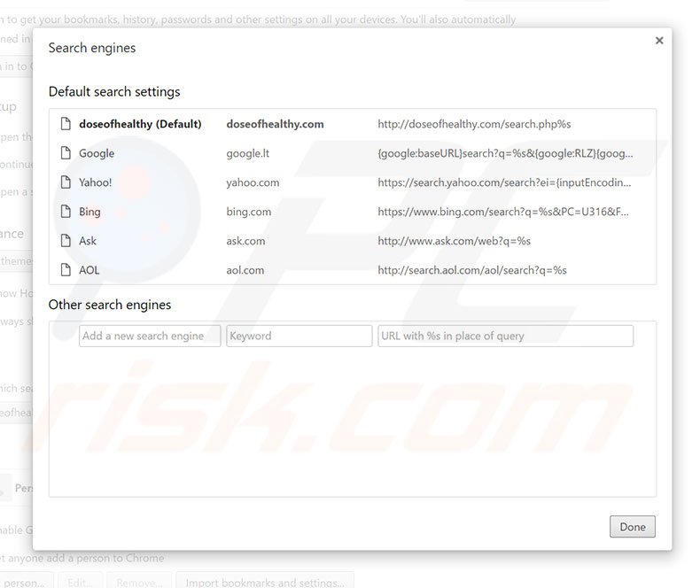 Removing doseofhealthy.com from Google Chrome default search engine