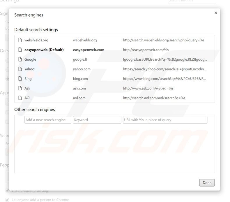 Removing easyopenweb.com from Google Chrome default search engine