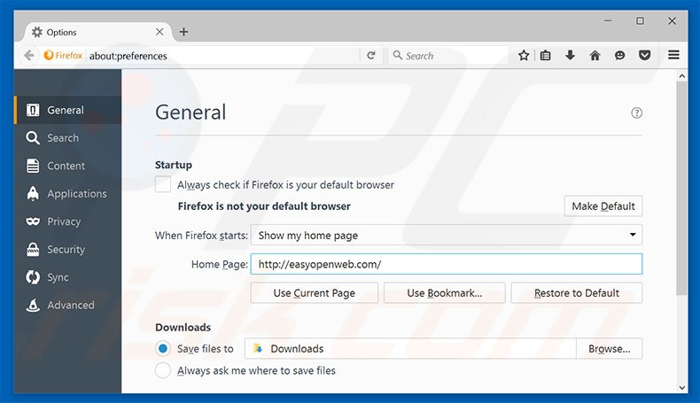 Removing easyopenweb.com from Mozilla Firefox homepage