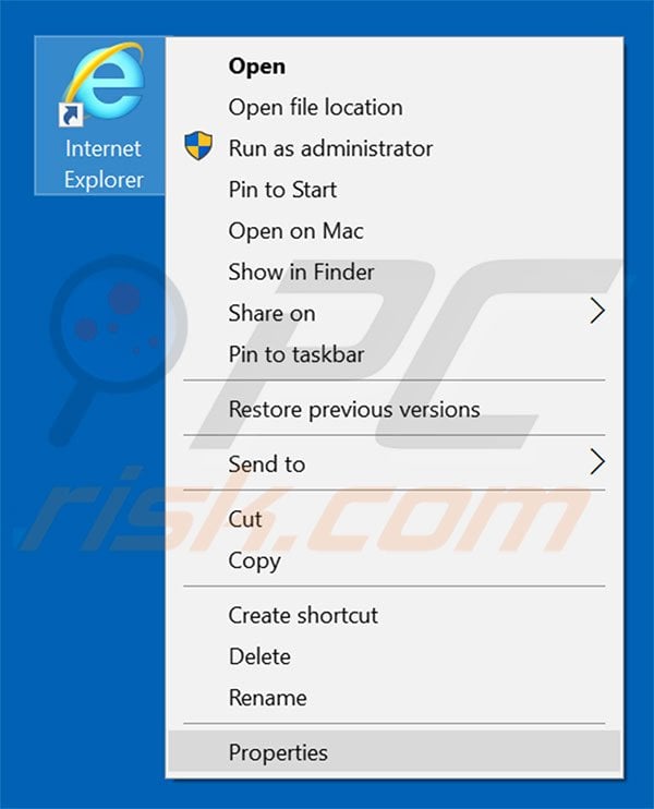 Removing easyopenweb.com from Internet Explorer shortcut target step 1