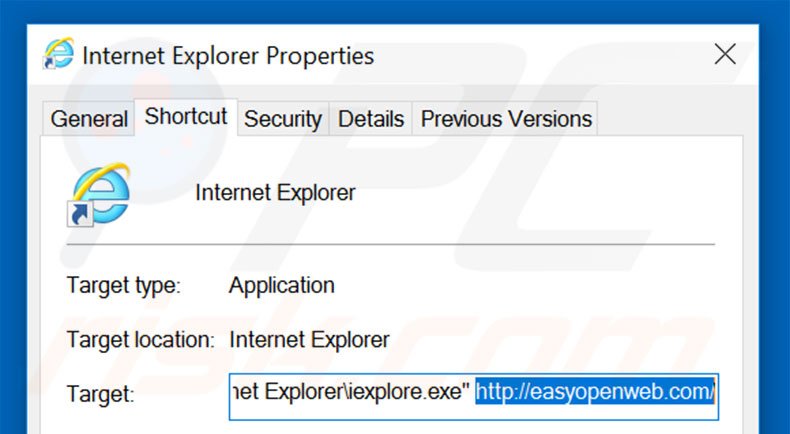 Removing easyopenweb.com from Internet Explorer shortcut target step 2
