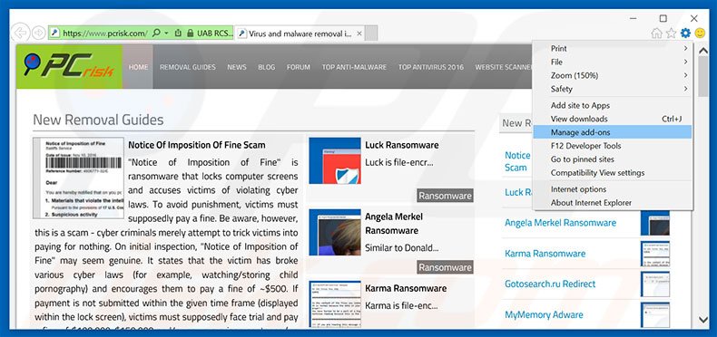 Removing Windows Firewall Security Damaged ads from Internet Explorer step 1