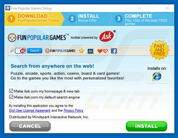 Official Fun Popular Games browser hijacker installation setup