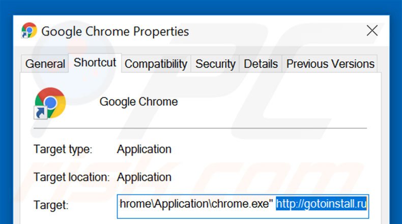 Removing gotoinstall.ru from Google Chrome shortcut target step 2