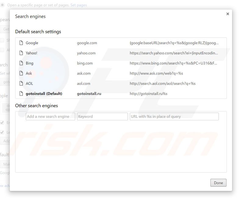 Removing gotoinstall.ru from Google Chrome default search engine