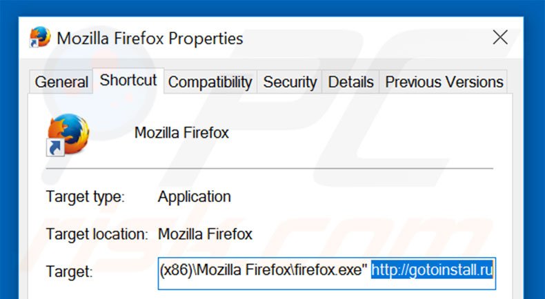 Removing gotoinstall.ru from Mozilla Firefox shortcut target step 2