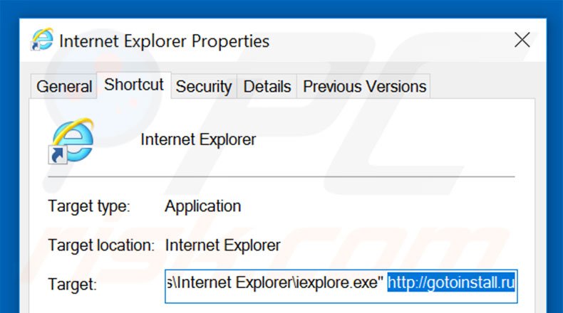 Removing gotoinstall.ru from Internet Explorer shortcut target step 2