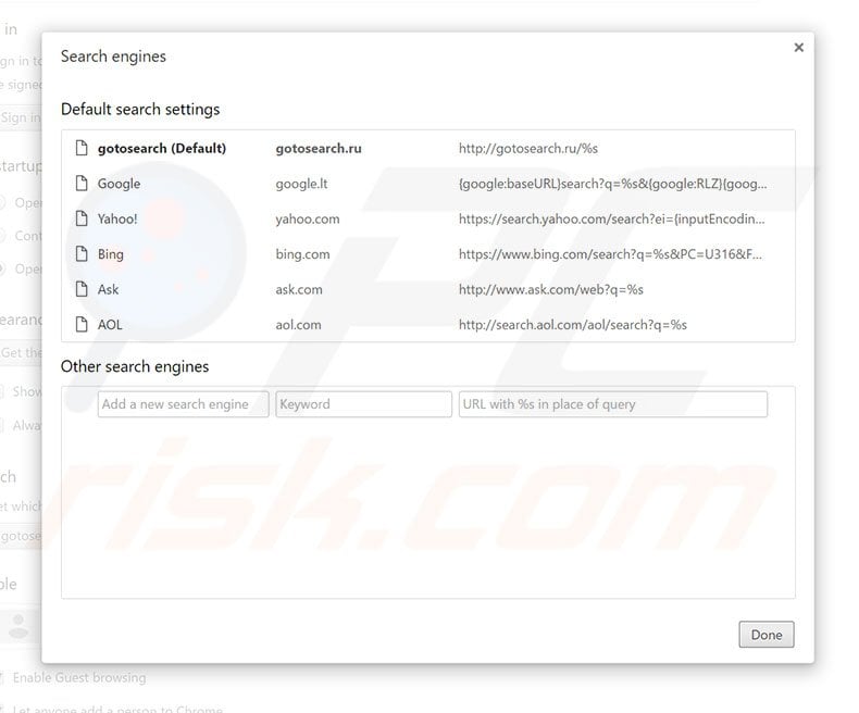 Removing gotosearch.ru from Google Chrome default search engine