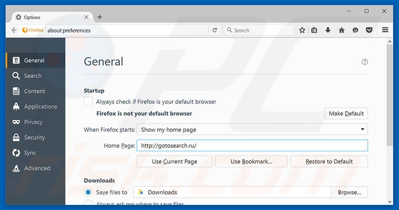 Removing gotosearch.ru from Mozilla Firefox homepage