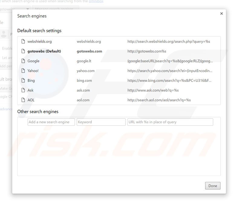 Removing gotowebs.com from Google Chrome default search engine