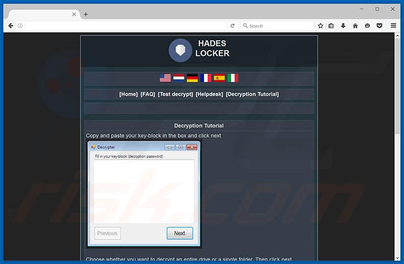 Hades Locker ransomware website's decryption instructions