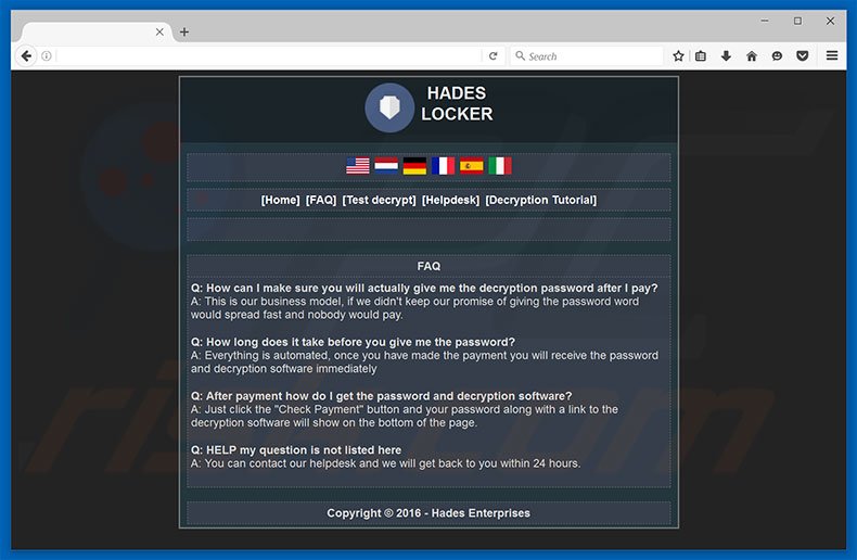 Hades Locker ransomware website's FAQ