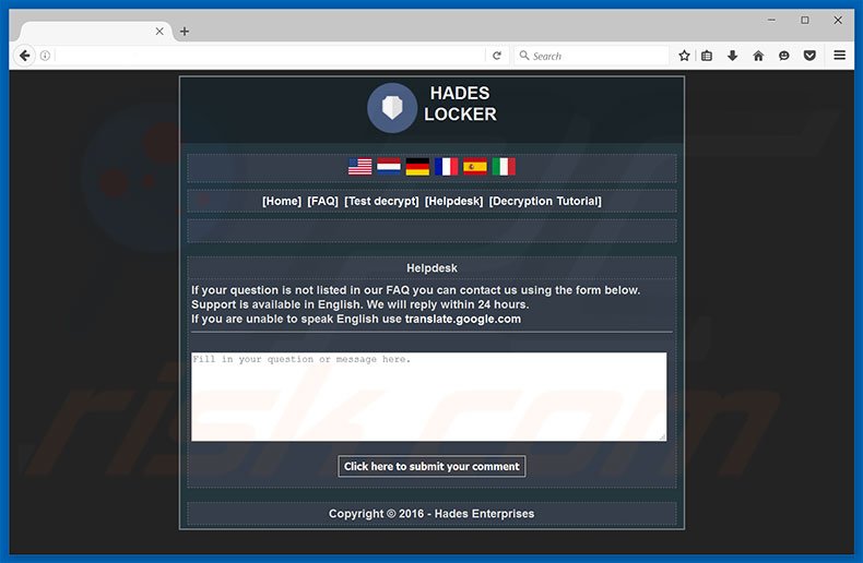 Hades Locker ransomware website's helpdesk